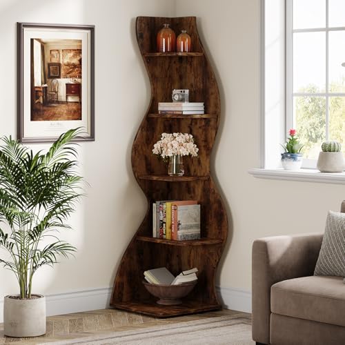 Tribesigns Wavy Corner Shelf, Modern 5-Tier Bookshelf Bookcase with Curvy Shape, Unique Plant Stand Display Rack for Living Room Small Space (Brown) - color: Brown