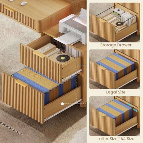 SEDETA 59" Computer Desk with 4 Storage Drawers, Fluted Wood Office Desk with File Drawer, LED Lights and Power Strip, Gaming Table Writing Desk for Home Office, Living Room, Bedroom, Oak - color: Oak
