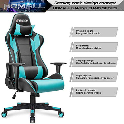 Homall Gaming Chair, Office Chair High Back Computer Chair Leather Desk Chair Racing Executive Ergonomic Adjustable Swivel Task Chair with Headrest and Lumbar Support(Cyan) - color: Cyan