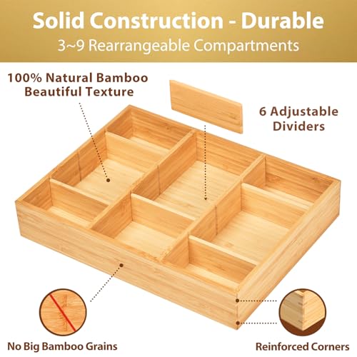 Umilife Bamboo Desk Drawer Organizer, Wood Junk Organizer Tray with Adjustable Dividers, Anti-Skip Storage Organization in Office Bathroom Drawer for Vanity, Makeup, 12" x 9" - size: 12"x9"