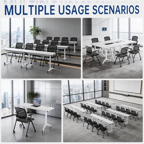 Folding Office Chair with Wheels & Cushion, Stackable Chair with Breathable Mesh Back for Conference Guest Reception, Seminar Training Classroom - color: Folding Chair With Wheels