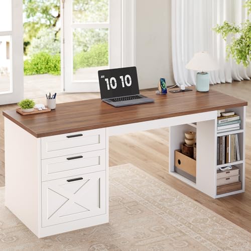 SEDETA 55.1" Farmhouse Office Desk with 3 Drawers for Home Office - color: White and Brown, size: Executive Office Desk (55")