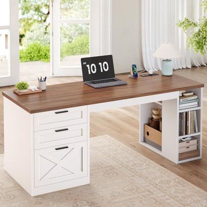 SEDETA 55.1" Farmhouse Office Desk with 3 Drawers for Home Office - color: White and Brown, size: Executive Office Desk (55")