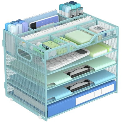Docnest 5 Tier Mesh Desk Organizer with Removable Tray&Pen Holder, Blue - color: Blue, size: 12.6"x9.1"x10.3"