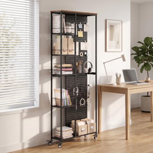 Furnaza 68.7" H Rolling Home Office Storage Cart with Dual-Sided Pegboard | 5-Tier Utility Rolling Storage Cabinet with Wheels,Rolling Craft Organizer for Office Supplies,Craft Room, Laundry Room,Black - color: Black