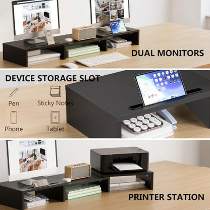 WALI Extra Long Wooden Dual Monitor Stand Riser with 2 Slots, up to 22lbs - color: Black, size: 31 in