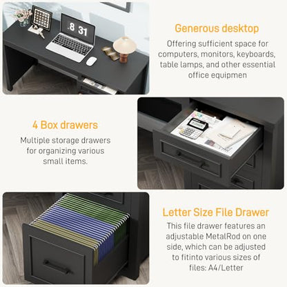 Vabches Farmhouse 49” Executive Desk with File Drawer, Black | 4 Drawers Reversible Computer Desk with Storage, Rustic Home Writing Workstation for Home Office - color: 49in Black