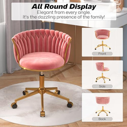HENGJIANYI Velvet Woven Home Swivel Vanity Desk Chair with Gold Base, Pink | Modern Height Adjustable Office Chair with Metal Base and Hand Weaving Back Wheels for Bedroom Study Small Space girl women - color: Pink