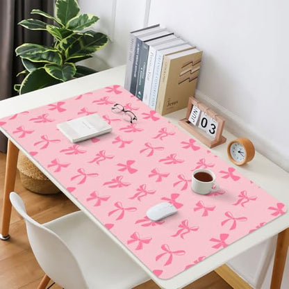 Cute Kawaii Pink Bow Extended Gaming Keyboard Mouse Pad | Non-slip Leather Home Office Desk Mat Protector - color: Pink Bow/Pink, size: L(31.5×15.7 inch)