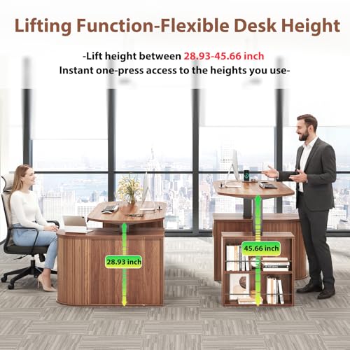 HSH Standing Office Desk with Storage, 60" Electric Standing Desk, Walnut | L Shaped Standing Computer Desks with Open Shelf, Executive Desk Height Adjustable Power Outlet, Stand Up Desk for Home