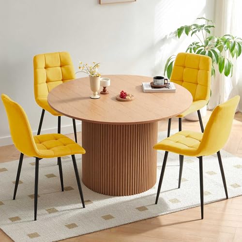Homedot Modern Dining Table Set for 4, Mid Century Round Kitchen Table with 4 Seated Dining Side Chairs Upholstered, Oak Wooden Dining Reception Table Set with Yellow Velvet Chairs - color: Yellow, size: 1* Oak Color Table+4*Chair