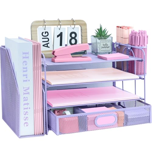 Desk Organizers and Accessories with File Holder, 4-Tier Paper Letter Tray Organiser with Drawer and 2 Pen Holder, Mesh Desktop Document Organizer for Office Supplies, Workspace - Purple - color: 4 Tier - Purple