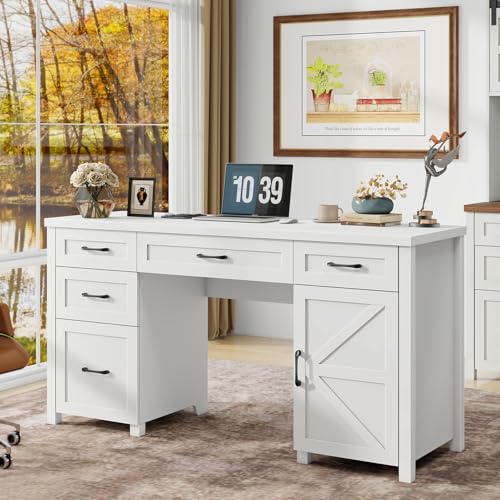 Halitaa Farmhouse 61'' Executive Desk with 5 Drawers,Cream White | Rustic Office Desk, File Drawers and Storage Cabinet, Wood Workstation for Study and Home Office - color: Cream White, size: 61''W with 5 Drawers