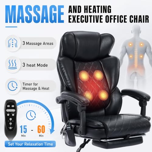 MALOL Executive Office Chair, 22.05" Wide Leather Ergonomic Office Chair with Lumbar Support, Footrest and 6-Point Vibration Massage, Reclines 94°-125° for Home Office Room, Black