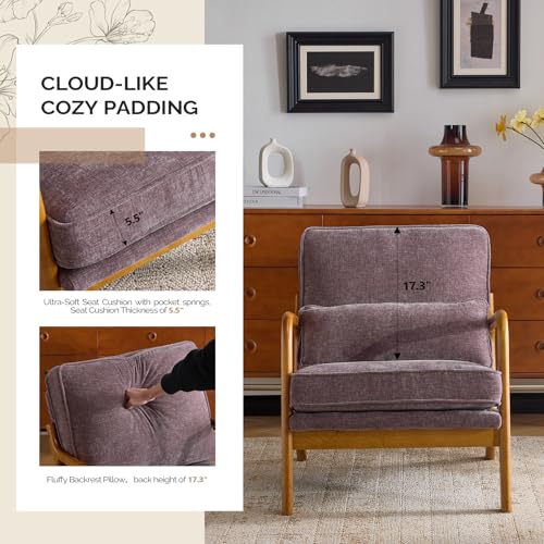 VINGLI Chenille Mid-Century Modern Accent Chair Set of 2, Cute Reading Arm Chair with Cushion & Lumbar Pillow & Solid Wood Frame for Lounge, Living Room, Reading Room, Bedroom, Light Purple - color: Light Purple