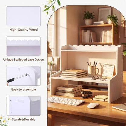 Amyhill Wooden Office Desktop Storage, 2-Tier Scalloped Tabletop Organizer Shelf for Cosmetics, Stationery, Office Supplies, Space-Saving Display Rack for Bedroom, Dorm
