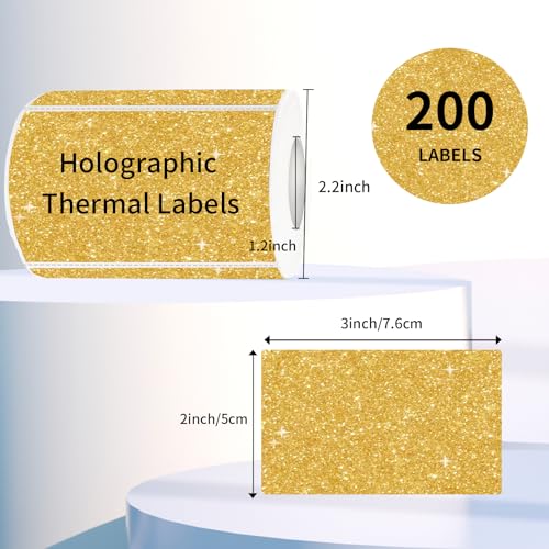 3x2 Inch Holographic Thermal Labels, Shiny Gold Thermal Sticker Labels, Rainbow Glitter Stickers for Price, Barcode, Mailing, Name, DIY Custom Logo Design, 200 pcs/1 Roll - color: Holographic Shiny Gold, size: 2*3 inch