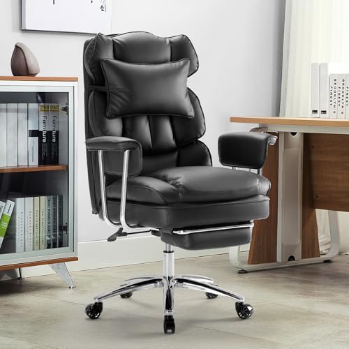 DUMOS Ergonomic Home Office Desk Chair, Executive Chair, PU Leather | Big Tall High Back, Lumbar Support, Reclining Height Adjustable, Computer Gaming, Footrest Swivel Wheels, Black - color: Black
