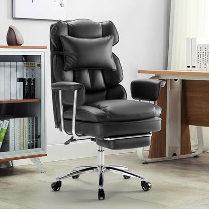 DUMOS Ergonomic Home Office Desk Chair, Executive Chair, PU Leather | Big Tall High Back, Lumbar Support, Reclining Height Adjustable, Computer Gaming, Footrest Swivel Wheels, Black - color: Black