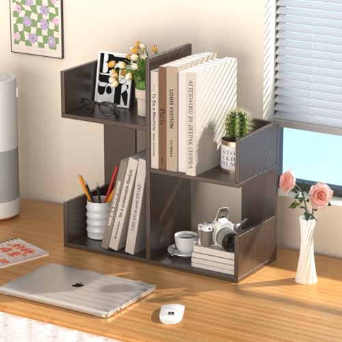 Modern 2-Tier Desk Bookshelf, Short Book Organizer, Display Shelf & Desktop Storage Rack, Space-Saving Desk Bookshelf for Books, Decor & Small Items, Brown - color: Brown