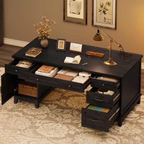 GarveeHome Farmhouse Executive Desk with File Drawers, 60 in Home Office Desk with Charging Station, Wooden Computer Desk with Cabinet Storage for Work Study Writing, Rustic Black - color: Rustic Black
