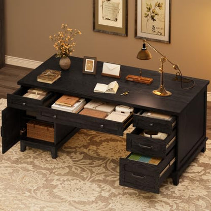 GarveeHome Farmhouse Executive Desk with File Drawers, 60 in Home Office Desk with Charging Station, Wooden Computer Desk with Cabinet Storage for Work Study Writing, Rustic Black - color: Rustic Black