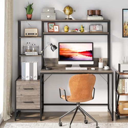 Tribesigns 55 Inch Computer Desk with 2 Drawers and Storage Shelves, Rustic Office Desk with Hutch, Study Writing Gaming Table Laptop Workstation for Home Office (Grey) - color: Grey