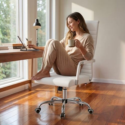 Furmax Ribbed Office Chair High Back PU Leather Executive Conference Chair Adjustable Swivel Chair with Arms (White) - color: White