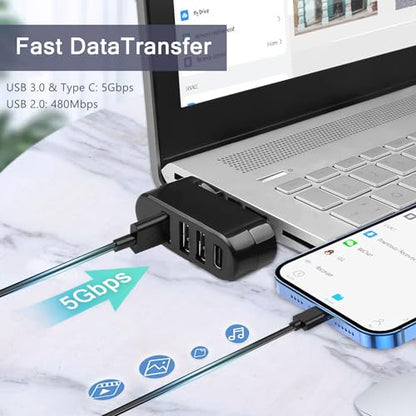 VIENON 4-Port USB 3.0 Hub [90°/180° Degree Rotatable], USB Splitter with PD-in 5W USB C Port, USB Extender for Laptop, Car, iMac, MacBook Air, MacBook Pro, and More - style: USB 3.0 Hub