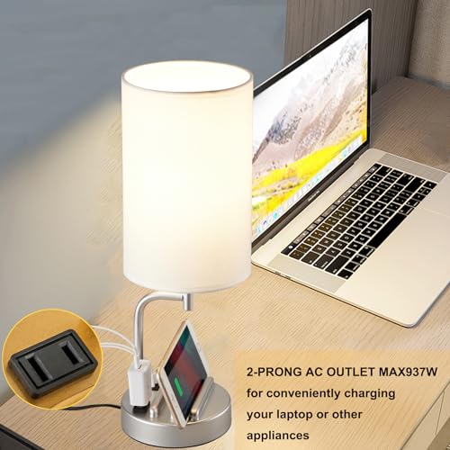 Dreamholder Touch Control USB Table Lamp, Upgraded 3-Way Dimmable Bedside Desk Lamp with USB C & A Charging Ports and AC Outlet, Nightstand Lamp for Bedroom, Dimmable Bulb Included, Silver - style: White shade+Silver base