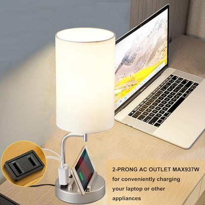 Dreamholder Touch Control USB Table Lamp, Upgraded 3-Way Dimmable Bedside Desk Lamp with USB C & A Charging Ports and AC Outlet, Nightstand Lamp for Bedroom, Dimmable Bulb Included, Silver - style: White shade+Silver base