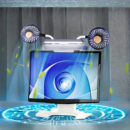 USB Monitor Clip on Fan Deepsea Blue | Flip-Open LED Light Bar, Two-Head Personal Cooling, 3 Wind Speeds, For Flat & Curved Monitors - color: Deepsea Blue