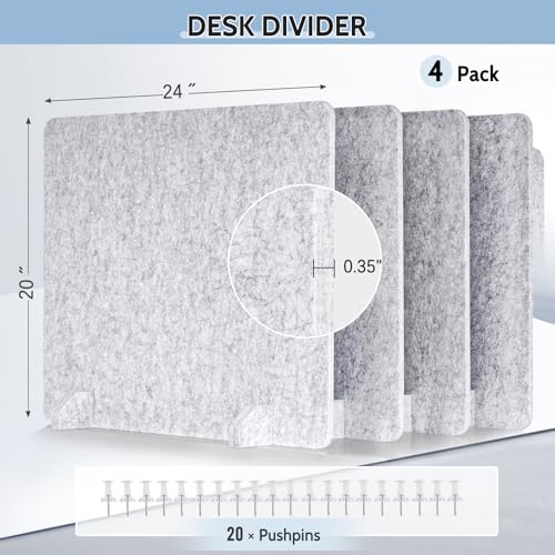 4 Pack Acoustic Desk Dividers, 24" x 20" (Silver Gray) - color: Light Gray, size: 4 Pack