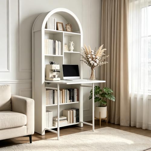 70.8" Tall Arched Bookcase & Folding Craft Desk,Convertible Hideaway,White - color: Brown, size: 29.53"L x 9.45"W x 70.8"H