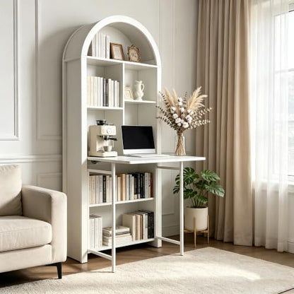 70.8" Tall Arched Bookcase & Folding Craft Desk,Convertible Hideaway,White - color: Brown, size: 29.53"L x 9.45"W x 70.8"H