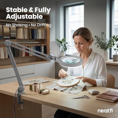 Neatfi LED Bifocal Magnifying Lamp 1,200 Lumens – 5” Glass Lens, Dual Magnification 2.25X/6X, Dimmable | Adjustable Arm with Clamp | Crafting, Jewelry & Reading (5 Diopter + 20 Diopter, Silver) - color: Silver, size: 5 Diopter + 20 Diopter