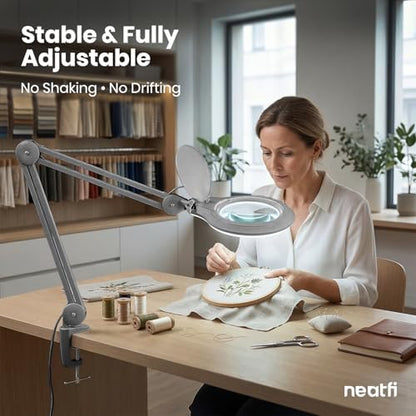 Neatfi LED Bifocal Magnifying Lamp 1,200 Lumens – 5” Glass Lens, Dual Magnification 2.25X/6X, Dimmable | Adjustable Arm with Clamp | Crafting, Jewelry & Reading (5 Diopter + 20 Diopter, Silver) - color: Silver, size: 5 Diopter + 20 Diopter