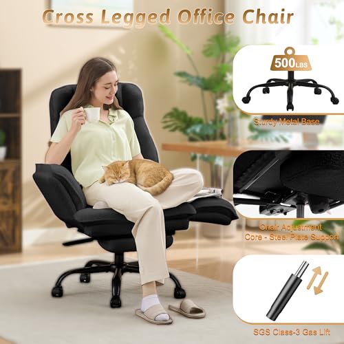 Wider Seat Office Chair with Flip Armrests for Criss Cross Legged&Cats, Big and Tall Executive Ergonomic Reclining Chair with Footrest&Lumbar Pillow, Teddy Fleece Desk Chair,Black Vanity Chair - color: Black