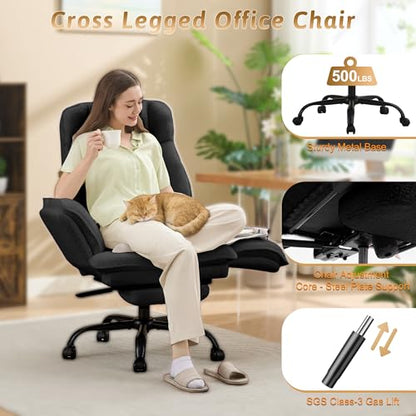Wider Seat Office Chair with Flip Armrests for Criss Cross Legged&Cats, Big and Tall Executive Ergonomic Reclining Chair with Footrest&Lumbar Pillow, Teddy Fleece Desk Chair,Black Vanity Chair - color: Black