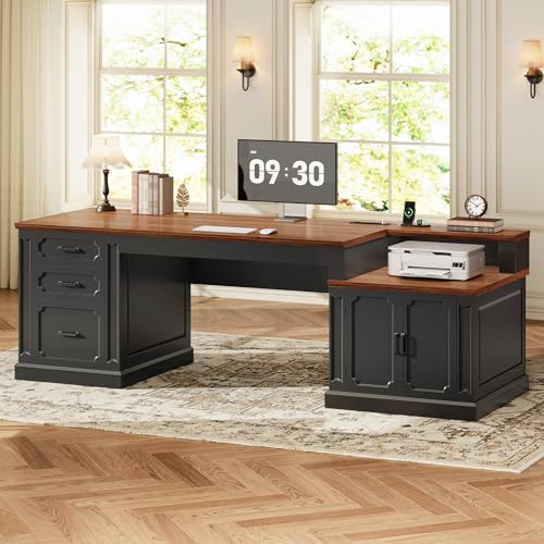 SEDETA Farmhouse 70.9" Executive Desk, Home Office Desk with File Drawers and Storage Cabinet, Computer Desk with Power Outlet for Home Office, Work Study Writing, Black+Brown - color: Black+brown, size: 70.9" Executive Desk