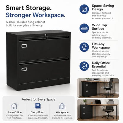 2 Drawer Lateral File Cabinet with Lock, Metal Filing Cabinet for Legal Letter and A4 Files, Black Cold Rolled Steel Office Storage Cabinet, Compact Lockable File Organizer - size: 2 Drawers