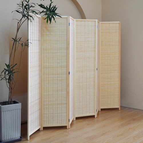 Furnnylane 6 Panel Bamboo Room Divider – 5.6 ft Tall Folding Privacy Screen, Natural Beige Freestanding Room Partition Wall (67" H x 92.1" W, 6-Panel) - color: Beige, size: 6 Panel