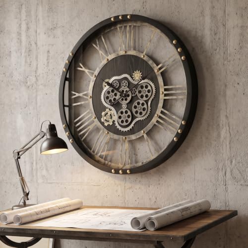 Steampunk Moving Gears Wall Clock Industrial Roman Numeral Decor | Real Moving Gears Steampunk Wall Clock, Roman Numerals, Dustproof Glass, Silent Movement, Home Decor for Living Room Bar - size: 36 Inch