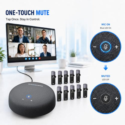 CS02 Conference Speakerphone with 10 AI Mics, 65FT Range, Portable USB Conference Speaker with Noise Reduction, Echo Cancellation & Full-Duplex Audio for 10-Person Meeting Rooms