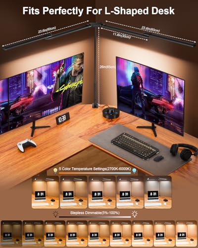 Desk Lamp Clamp Light 24W, Ultra Wide 4 Head Bars, 5 Color Modes Dimming, Multi-Screen Setup for Office, Architect, Black, Aluminum, Adapter Included - size: 4-Head Curved Gooseneck Desk Lamp