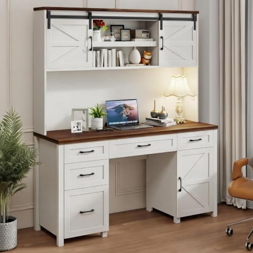 Vabches Farmhouse 67" H Executive Desk with Hutch & 5 Drawers, Unique White - color: Unique White, size: Sliding Doors