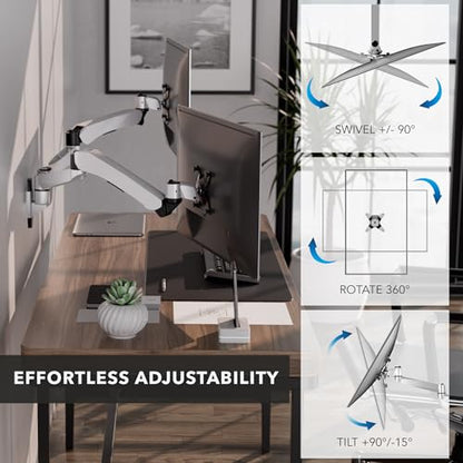Mount-It! CLiX Dual Monitor Wall Mount, Gas Spring, Silver | TAA-compliant arms for 2 monitors 13-32" up to 19.8 lbs each, VESA 75/100, effortless height adjustable aluminum.