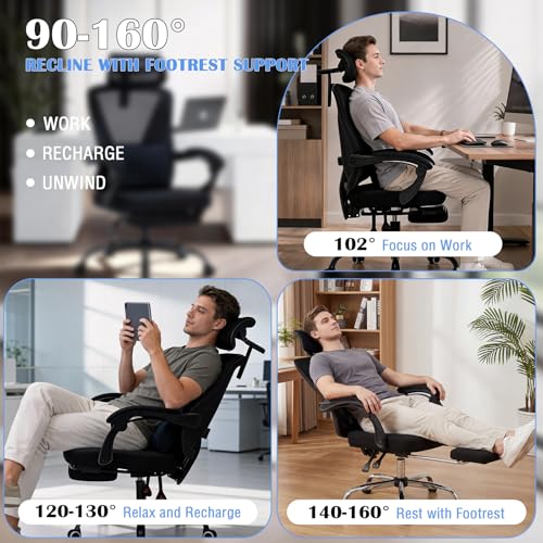 Ergonomic Office Chair with Footrest - Adjustable Lumbar Support & 3D Headrest, 90-160° Reclining Mesh High-Back Rolling Work Swivel Computer Chair-400lbs Capacity - color: Dark Black
