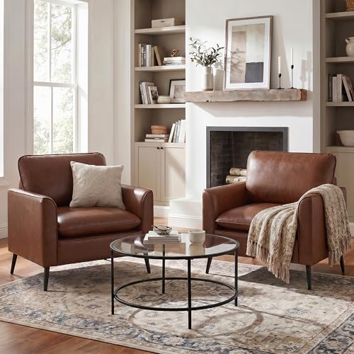 TYBOATLE Accent Chair Set of 2, Brown Leather Accent Chair, Comfy Living Room Chair, Cozy Reading Sitting Chair, Mid Century Modern Accent Chairs, Arm Reception Chairs, Office Furniture - color: Brown