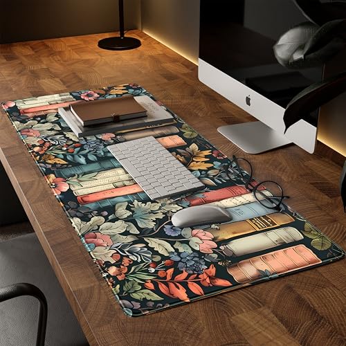 Floral Books Desk Mat Reading Desk Pad Mouse Mat XXL, Colorful Mouse Keyboard Pad Flower Bookshelf Desktop Mat, Long Computer Mats Aesthetic Desk Accessory Reader's Home Decor 31.5" x 15.7" - color: Enchanted Bookshelf